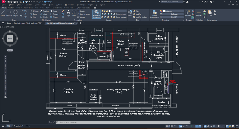 Le plan du rez-de-chaussée, fait sous Microsoft Visio puis importé dans AutoCAD...